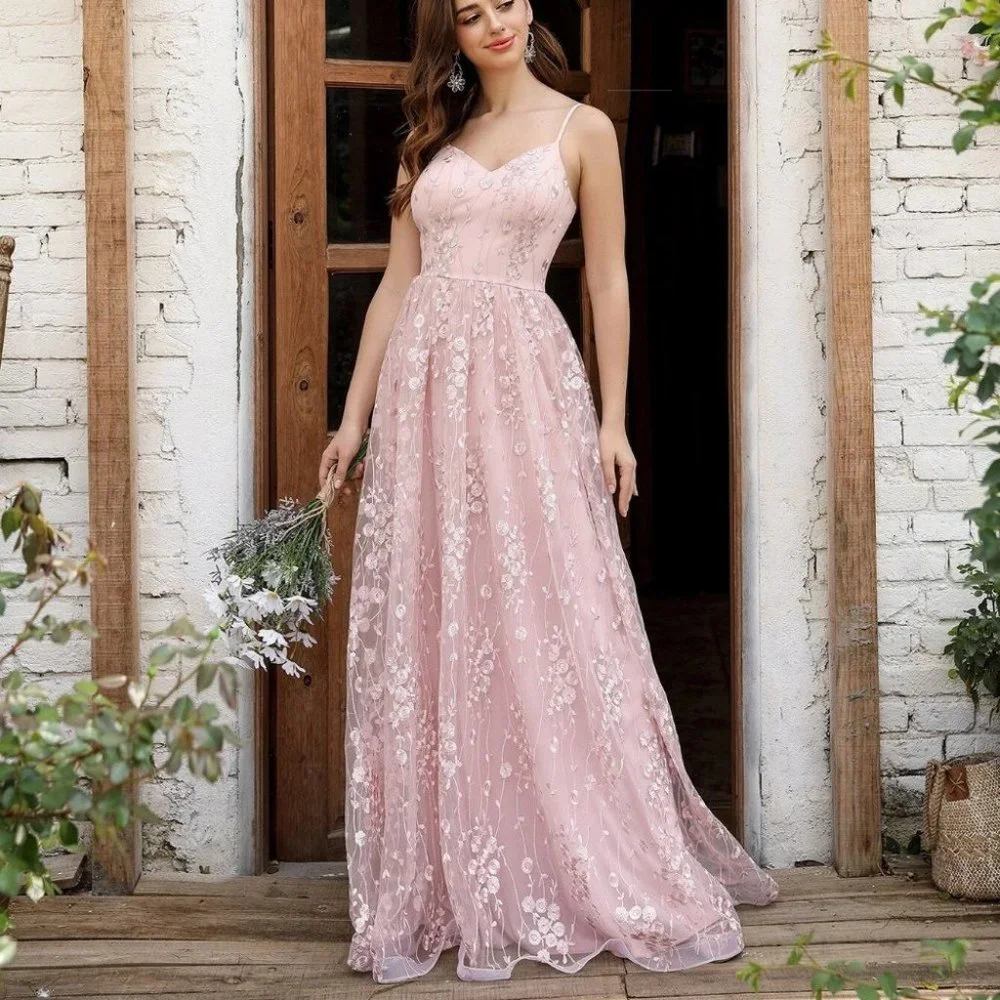 Baby Prom Womens Pink Embroidery Mesh Overlay Cami Flowy Maxi Dress - Picture 5 of 5